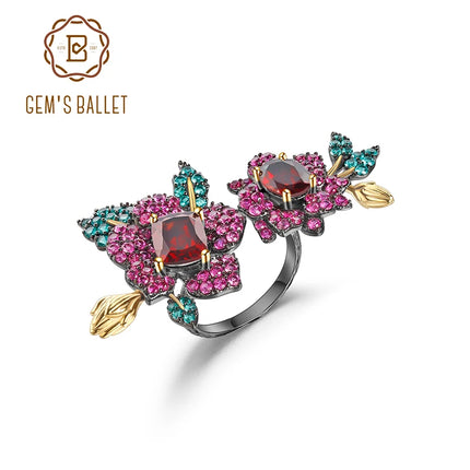 GEM'S BALLET Natural Red Garnet Double Flower Handmade Rings For Women 925 Sterling Silver Adjustable Open Ring Secret Garden