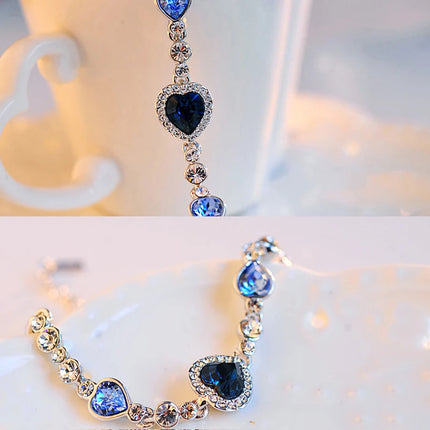 New Women Luxury Lucky Bracelet for Female Blue Crystal Heart Charm Bracelet Women Bridal Wedding Engagement Fine Jewelry Gift