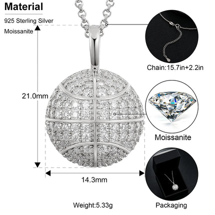 925 Sterling Silver Basketball Pendant Necklace For Women Moissanite Diamond Men Fashion Bling Couple Jewelry Gifts Trendy 2021