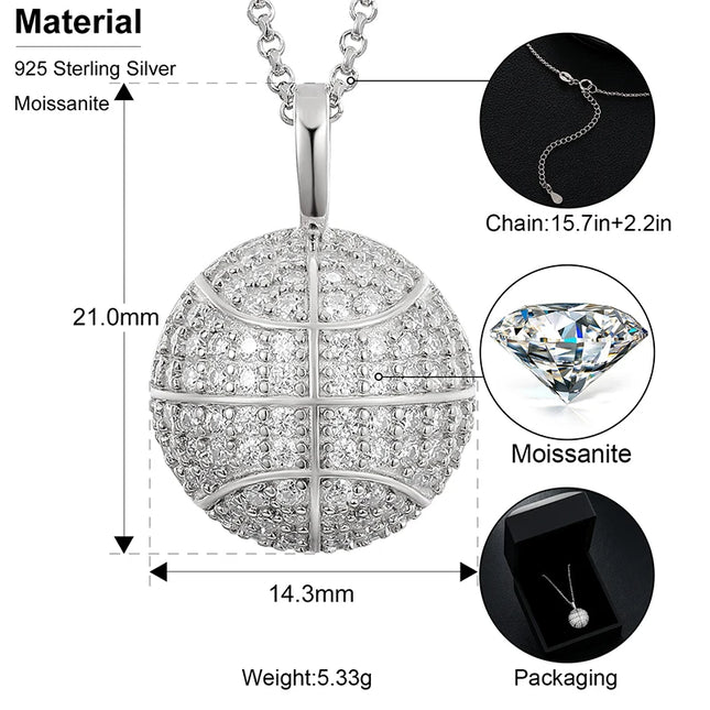 925 Sterling Silver Basketball Pendant Necklace For Women Moissanite Diamond Men Fashion Bling Couple Jewelry Gifts Trendy 2021