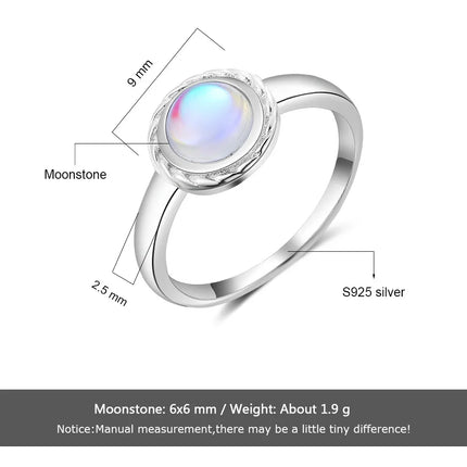 Vintage Women 925 Sterling Silver Rings with 6mm Round Rainbow Moonstone Wedding Party Gifts Fine Jewelry (Lam Hub Fong)