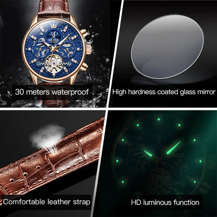 OLEVS Watches for Men Automatic Mechanical Watch Waterproof Hollow out Noctiucent Skeleton Automatic Wind up Male Wristwatch