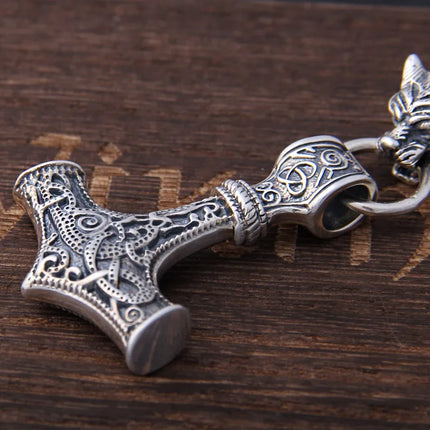 S925 Sterling Silver Viking Wolf heads with thor's hammer mjolnir pendant leather men necklace as christmas gift