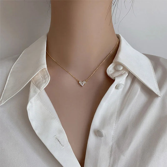 ANENJERY Silver Color Zircon Heart Necklace for Women Shiny Clavicle Chain Jewelry Gift Wholesale