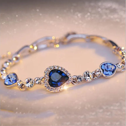 New Women Luxury Lucky Bracelet for Female Blue Crystal Heart Charm Bracelet Women Bridal Wedding Engagement Fine Jewelry Gift