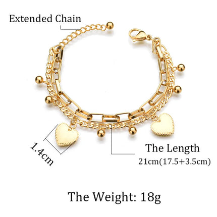 316L Stainless Steel New Fashion Upscale Jewelry Bohemia 2 Layer Ball Lovers Love Heart Charm Thick Chain Bracelet For women