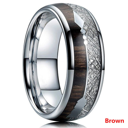 Fashion Silver Color Men's Stainless Steel Rings Koa Wood Deer Antler Inlay Dome Engagement Rings For Men Women Wedding Jewelry