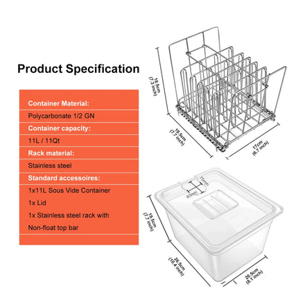 Stainless Steel Sous Vide Rack and 11L Sous Vide Cooker Containers Detachable Dividers Separator for Immersion Circulators