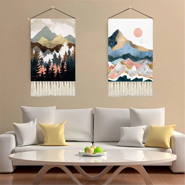 Landscape Tassel Tapestry Bohemian Aesthetic Macrame Tapestry Home Decor Wall Hanging Tapestry Boho Decor For Living Room