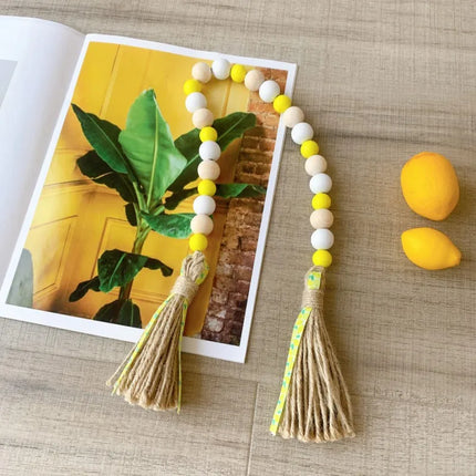 Lemon Wood Bead Garland Woven Tassel Wall Hanging DIY Crafts Nature Color Wood/Jute Rope Home Decor