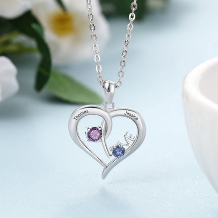 Personalized 925 Sterling Sliver Necklace Customized Names Birthstones Heart with “LOVE” Pendant Promised Jewelry Gfit for Women