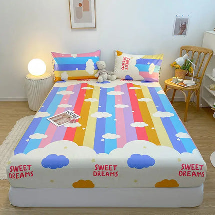 Bonenjoy 1pc Pure Cotton Fitted Bed Sheet With Elastic Cartoon Car Print Bed Cover Single Queen Size Bottom Sheet(No Pillowcase)