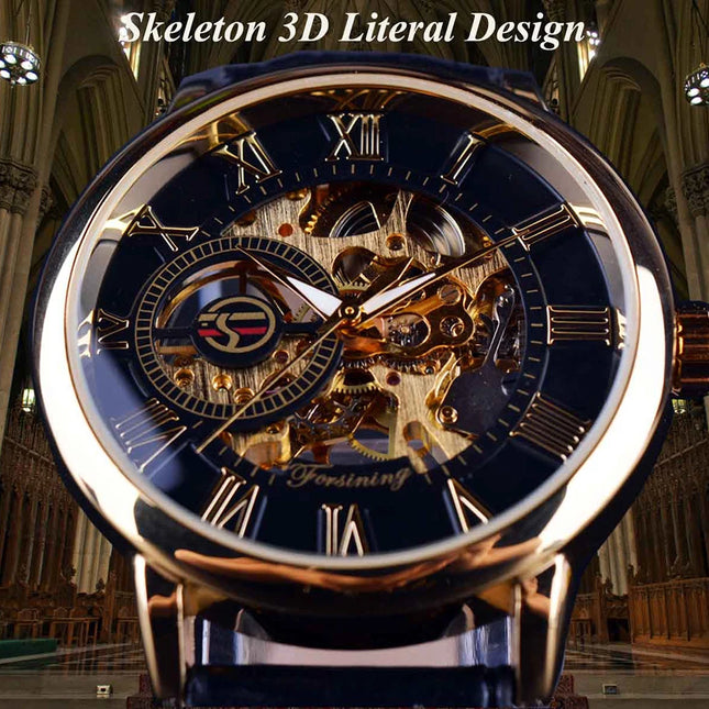 Forsining 3d Logo Design Hollow Engraving Black Golden Case Leather Skeleton Mechanical Watches Men Luxury Brand Heren Horloge