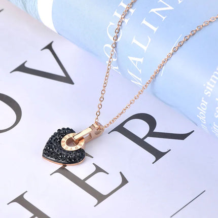 Lokaer Trendy Stainless Steel White/Black Clay Rhinestone Heart Necklace Jewelry Lovely Pendant Chain Necklace For Women N19112