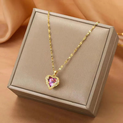 Luxury Colorful Crystal Ocean Heart Pendant Necklace For Women Korean Fashion Stainless Steel Neck Chain Female Wedding Jewelry