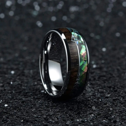 Fashion Silver Color Men's Stainless Steel Rings Koa Wood Deer Antler Inlay Dome Engagement Rings For Men Women Wedding Jewelry