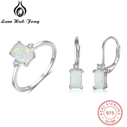 925 Sterling Silver Jewelry Sets for Women Rectangular White Opal Ring Earrings Opal Jewelry Wedding Party Gifts (Lam Hub Fong)