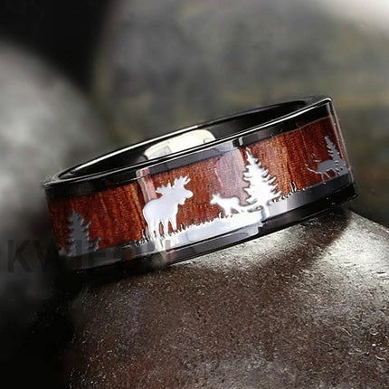 Fashion Silver Color Men's Stainless Steel Rings Koa Wood Deer Antler Inlay Dome Engagement Rings For Men Women Wedding Jewelry