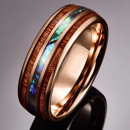 Fashion Silver Color Men's Stainless Steel Rings Koa Wood Deer Antler Inlay Dome Engagement Rings For Men Women Wedding Jewelry