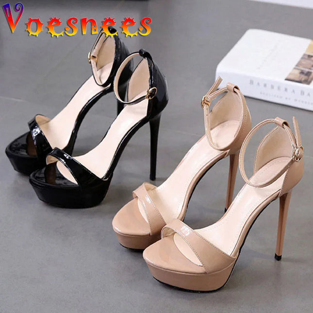 Solid One Word Band Sandals 2021 New Summer Buckle Strap 12CM Stiletto Shoes Waterproof Platform Elegant Lady High Heeled Shoes