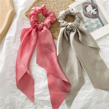 Sweet Long Ribbon Solid Bow Scrunchies Satin Ponytail Fashion Hair Ties Women Girls Elastic Hair Bands Headwear Hair Accessories