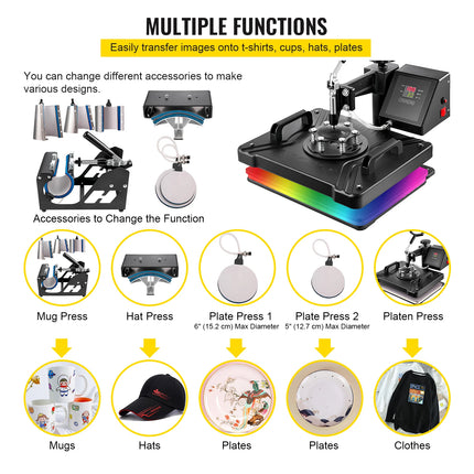 VEVOR Combo Heat Press Machine 5/6/8 in 1 30*38CM 38*38CM Muntifunctional Sublimation Printer Transfer for Mug Hat Plate T-Shirt