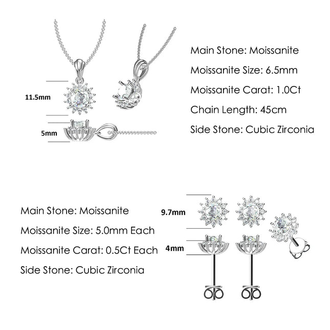 GEM'S BALLET Moissanite Diamond Pendant Necklace Earrings Set For Women Wedding 925 Sterling Silver Sun flower Jewelry Set