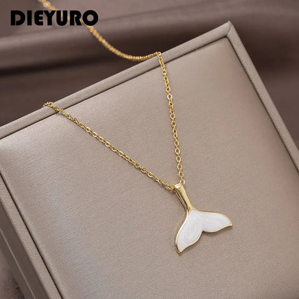 DIEYURO 316L Stainless Steel New White Shell Mermaid Tail Lucky Beautiful Pendant Necklace Valentine's Day Gift For Girlfriend