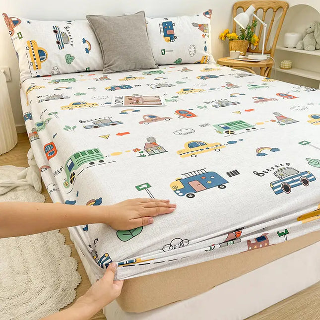 Bonenjoy 1pc Pure Cotton Fitted Bed Sheet With Elastic Cartoon Car Print Bed Cover Single Queen Size Bottom Sheet(No Pillowcase)