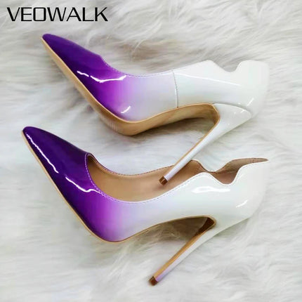 Veowalk White Purple Gradient Women Curl Cut Pointy Toe Stiletto Pumps Elegant Ladies Slip On Dress Shoes Plus Size 33-45