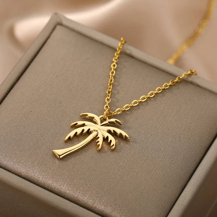 Coconut Tree Pendant Necklace For Women Stainless Steel Gold Color Plant Necklaces 2023 Trend New Couple Jewelry collares mujer