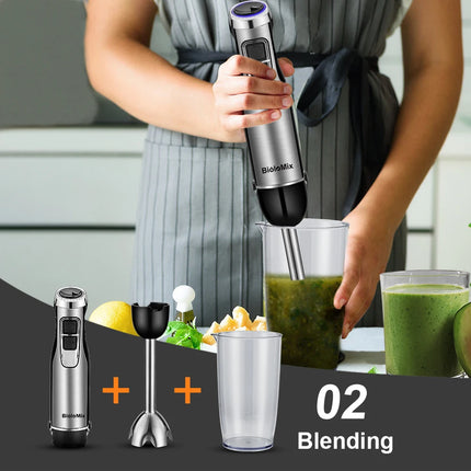 BioloMix 4 in 1 High Power 1200W Immersion Hand Stick Blender Mixer Includes Chopper and Smoothie Cup Stainless Steel Ice Blades