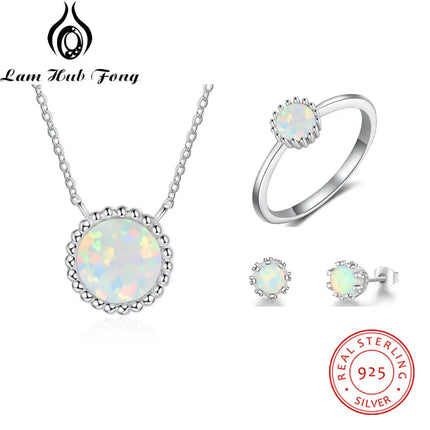 Women Jewelry Sets Flower Rings Earrings Necklaces Pendants 925 Sterling Silver Opal Jewelry Girls Wedding Gift  (Lam Hub Fong)