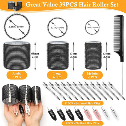 43PCS Hair Curlers Rollers with Clips Hair Roller with 3 Sizes , Jumbo Hair Roller with 12Duckbill Clips Hair Rollers