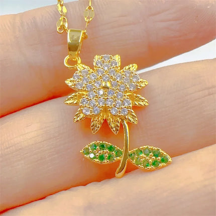 Classic and Charming Micro-embellished Sunflower Necklace, Fashionable and Luxurious, Stainless Steel Clavicle Chain