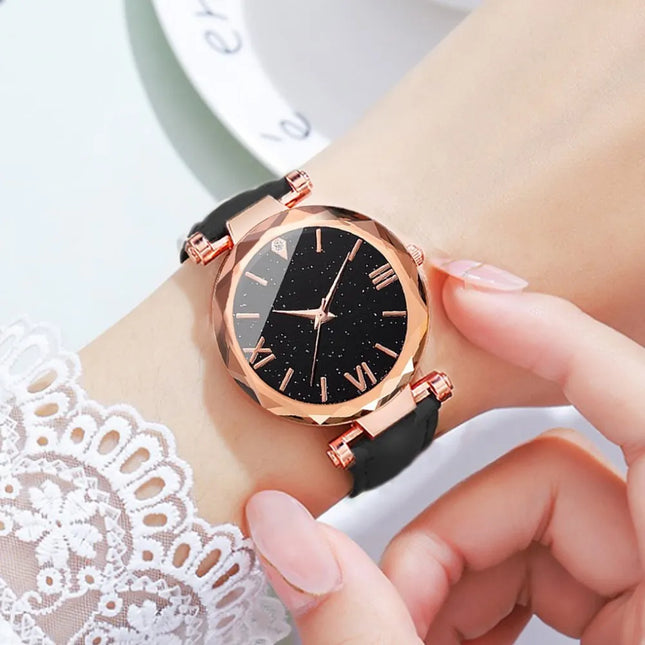 2pcs Luxury Fashion Women Watch Set PU Leather Strap Ladies Quartz Wristwatch Rhinestone Alloy Bracelet For Ladies Gift