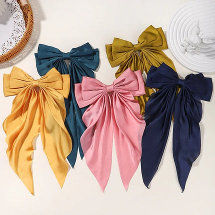 Elegant Bow Ribbon Hair Clip Fashion Simple Solid Satin Spring Clip Hair Pin Retro Headband with Clips Girls Hair Accessories