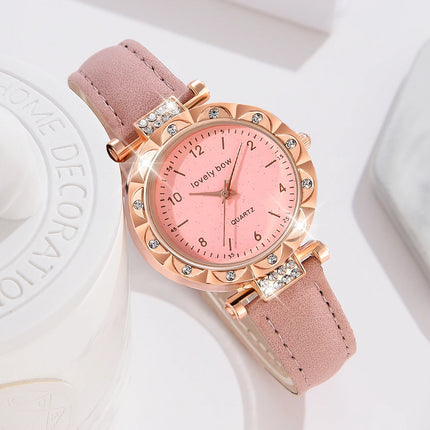 5PCS/Set  Pink Romantic Heart Quartz Watch Shiny Rhinestone Analog PU Leather Wrist Watch & Jewelry Set, Gift For Women Her