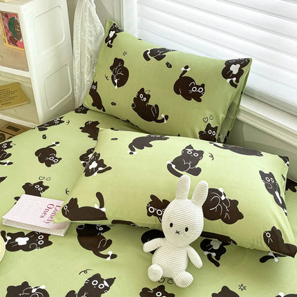 Cat Printed Bed Sheet Green Color Single/Queen/King Size Fitted Sheet with Elastic Band Cartoon Style Bed Sheet for Kids