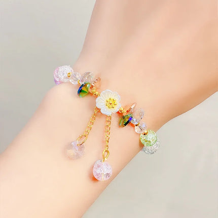 Korean New Sweet Daisy Flower Bracelet For Women Colorful Crystal Beaded Elastic Rope Bracelets Girl Party Wedding Jewelry Gifts