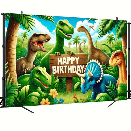 Dinosaur Jungle Birthday Party Backdrop  Polyester Photo Booth Background With Balloons & Flowers, Versatile Indoor