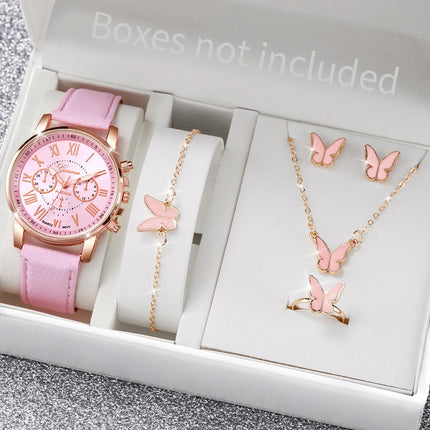 5PCS/Set Geneva Women Watches Fashion Leather Band Quartz Wrist Watch Butterfly Jewelry Set（Without Box）