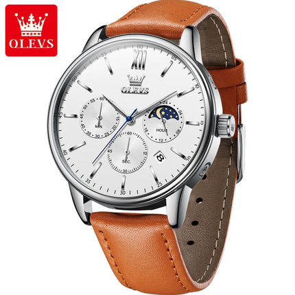 OLEVS 2024 New Men's Quartz Watches Luxury Leather Strap Waterproof Chronograph Moon Phase Man Watch Fashion Sport Watch for Men