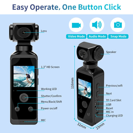 4K Ultra HD Pocket Action Camera 270° Rotatable Vlog Wifi Mini Sports Cam Waterproof Case Helmet Travel Bicycle Driver Recorder