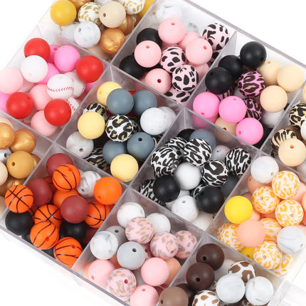 15mm 30Pcs Silicone Beads Round Print Food Grade Teething Beads for DIY Pen Baby Teething Pacifier Clips Necklace