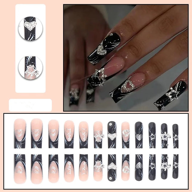 24PCS/1BOX Black French Wearing Sweet and Cool Nail Patch Glitter Love Stars in Europe and America Dark Department Fake Nail