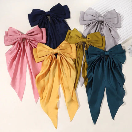 Elegant Bow Ribbon Hair Clip Fashion Simple Solid Satin Spring Clip Hair Pin Retro Headband with Clips Girls Hair Accessories