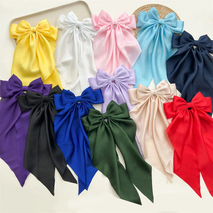 Ladies Satin Large White pink Red Blue Black Ribbon bow Oversized bow Long tail hair clip spring clip ponytail Hair accessorie