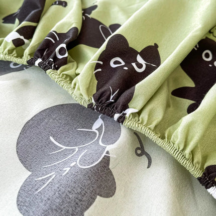 Cat Printed Bed Sheet Green Color Single/Queen/King Size Fitted Sheet with Elastic Band Cartoon Style Bed Sheet for Kids