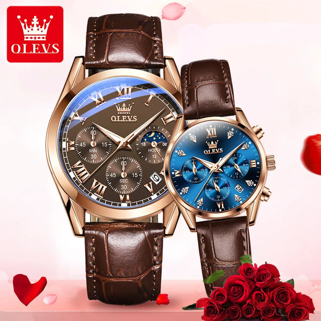 OLEVS Lover Watches Top Brand Luxury Couple Quartz Watch Waterproof Leather Chronograph Watch for Women and Men Couple Gift